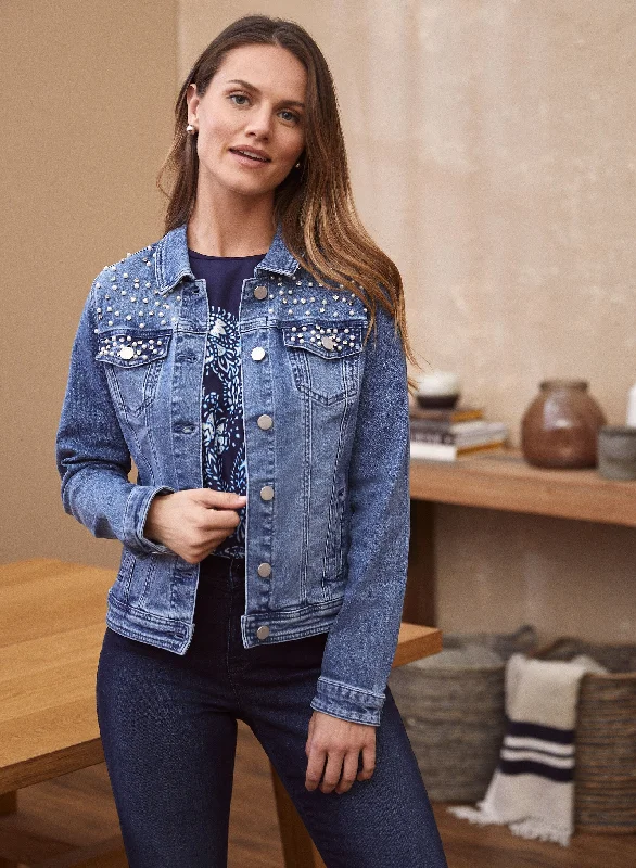 Pearl & Rhinestone Embellished Denim Jacket