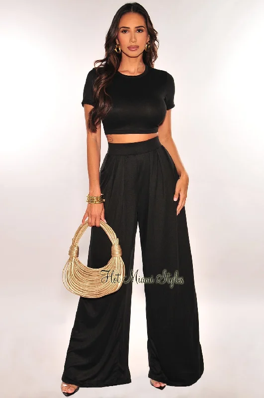 Black Short Sleeve Cropped High Waist Pleated Wide Leg Pants Two Piece Set