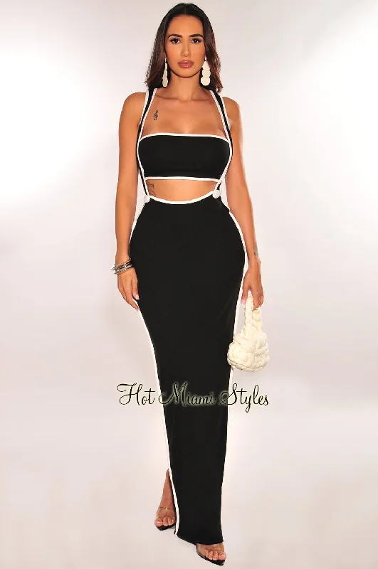 Black White Ribbed Bandeau Suspender Two Piece Skirt Set