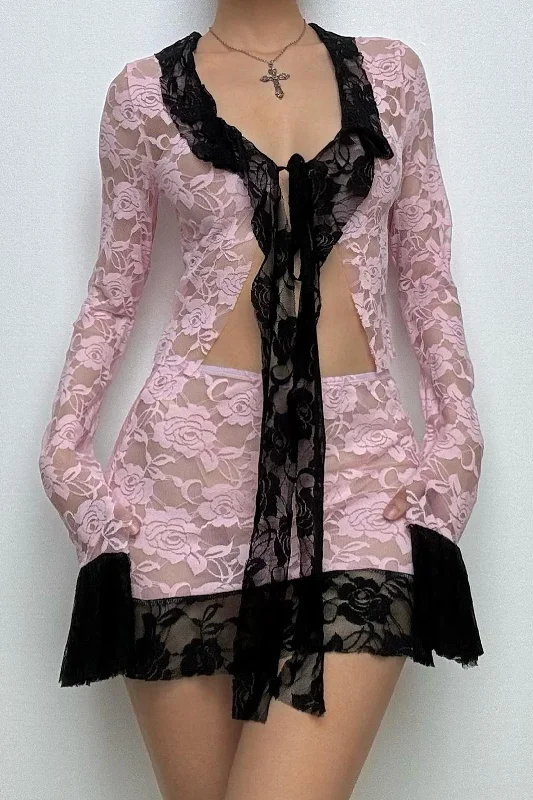 Contrast Lace Front Tie Skirt Set