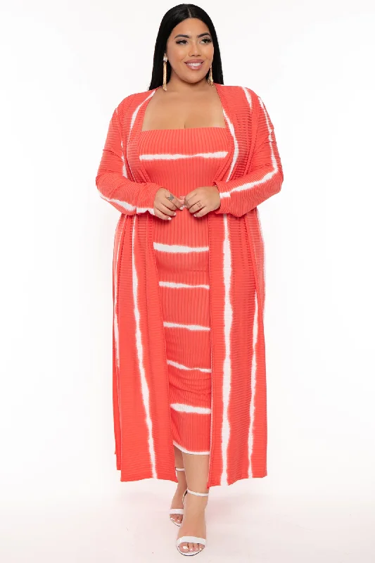 Plus Size Lizah Tube Dress & Cardigan Set  - Coral