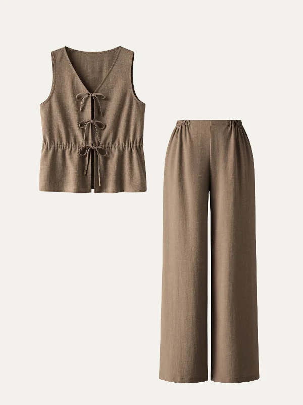 Texture Linen Blend Tie Vest & Side Seamless Pants 2Pcs Set