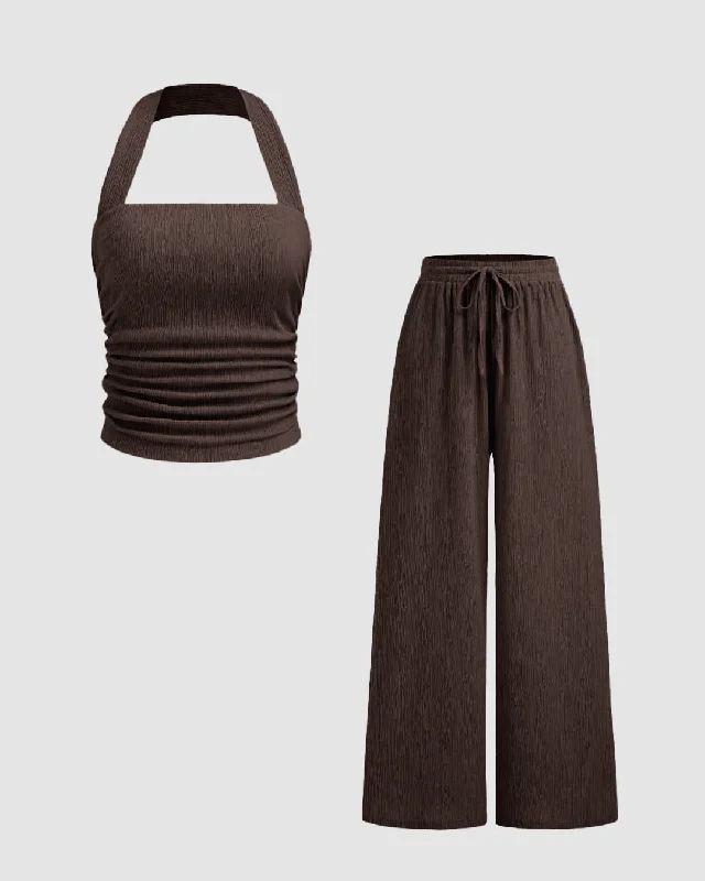 Solid Color Back Cut Tank Top & Wide Leg Pants Set In Brown