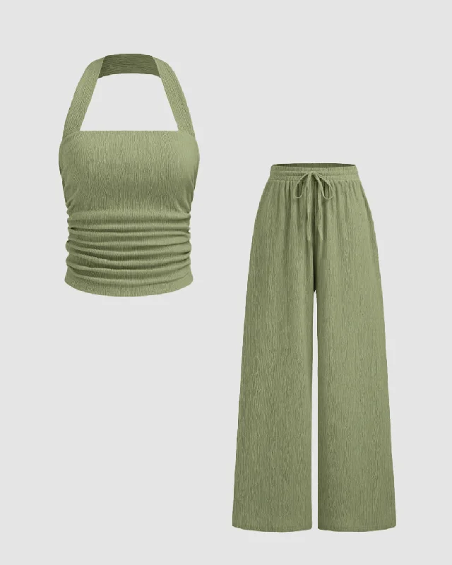 Solid Color Back Cut Tank Top & Wide Leg Pants Set In Green