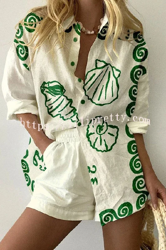 vacation-green-shell-print-button-elastic-waist-pocket-shorts-set