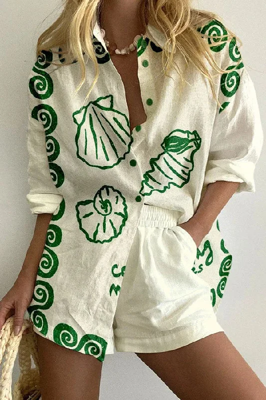 vacation-green-shell-print-button-elastic-waist-pocket-shorts-set