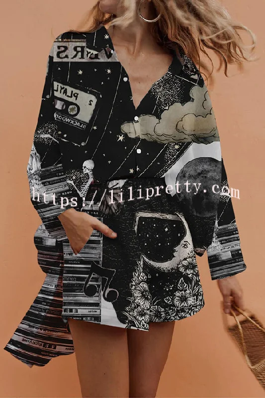 Vintage Starry Sky Record Print Button Pockets Elastic Waist Shorts Set