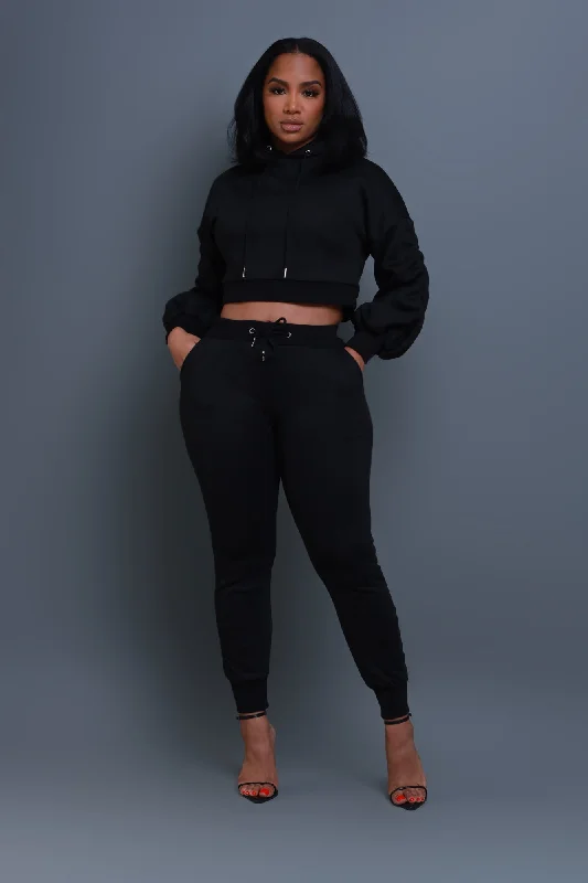 Who Said Ruched Hooded Jogger Set - Black