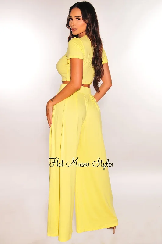 yellow-short-sleeve-cropped-high-waist-pleated-wide-leg-pants-two-piece-set