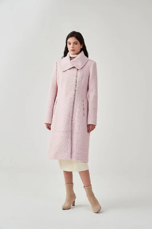 Asymmetrical Lapel Zip Up Long Wool Coat