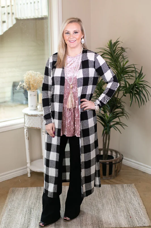 Last Chance Size Small | Can't Let Go Buffalo Plaid Long Duster Cardigan in Black & White