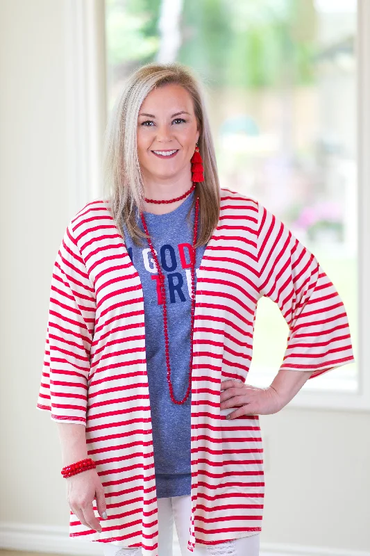 Living For It Stripe Cardigan with 3/4 Sleeves in Red