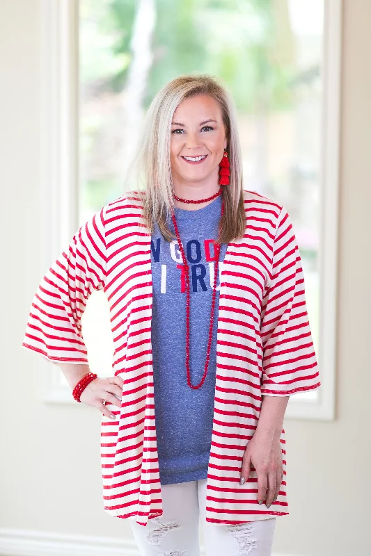 Living For It Stripe Cardigan with 3/4 Sleeves in Red