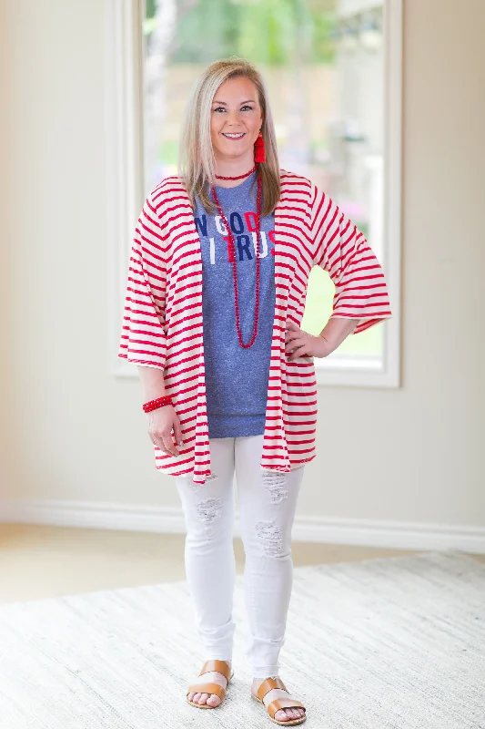 Living For It Stripe Cardigan with 3/4 Sleeves in Red