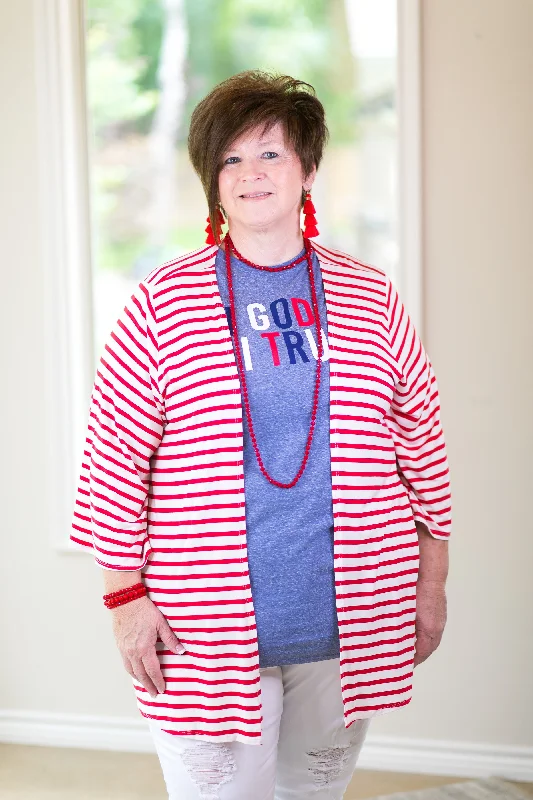 Living For It Stripe Cardigan with 3/4 Sleeves in Red