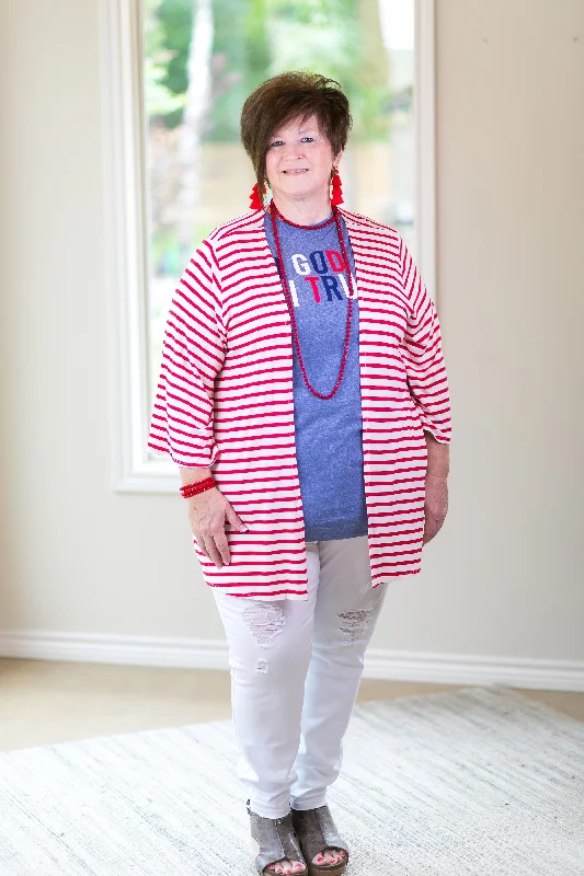 Living For It Stripe Cardigan with 3/4 Sleeves in Red