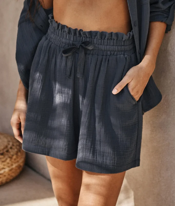 The Going Places Gauze Drawstring Shorts - Midnight