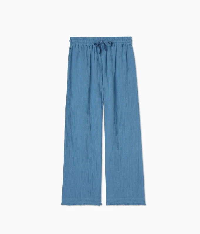 The Going Places Gauze Frayed Hem Pant - Cyprus Blue