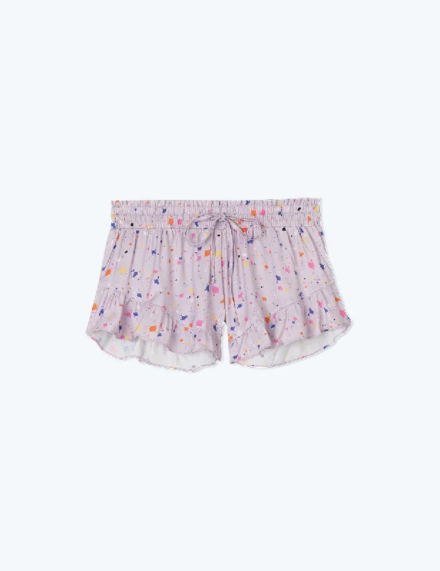 The Silky Ruffle Shorts - Paint Splatter in Lilac