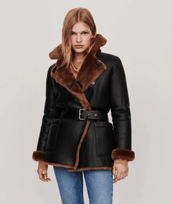 Women Shearling Jacket Black - Winter Leather Jacket