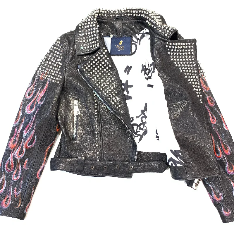 Barya NewYork Ladies Rose Fire Painted Spiked Biker Jacket