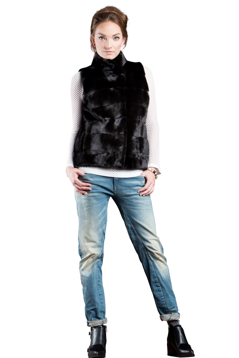 Blackglama Horizontal Mink Fur Vest - Stand-Up Collar