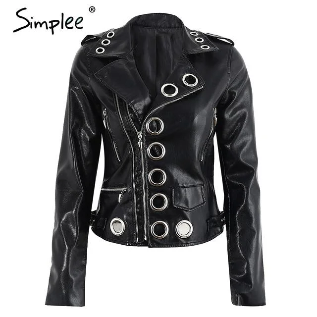 Simplee Zipper black PU leather coat jacket women