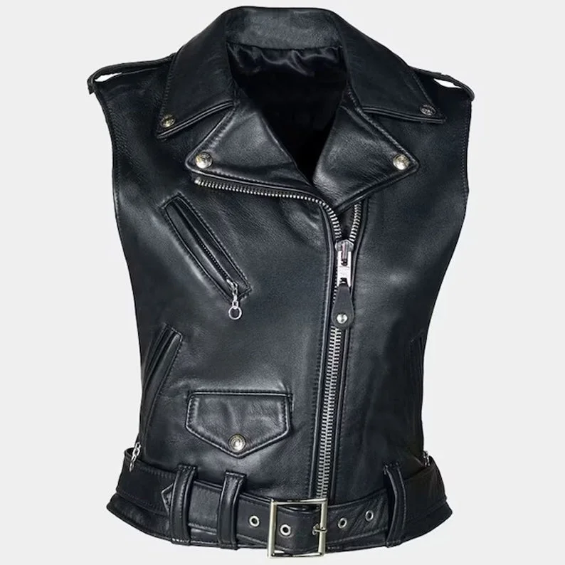 Women Black Leather Motorcycle Vest