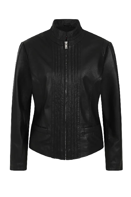 Women's Genuine Leather Jacket with a Standing Collar - JACKIE