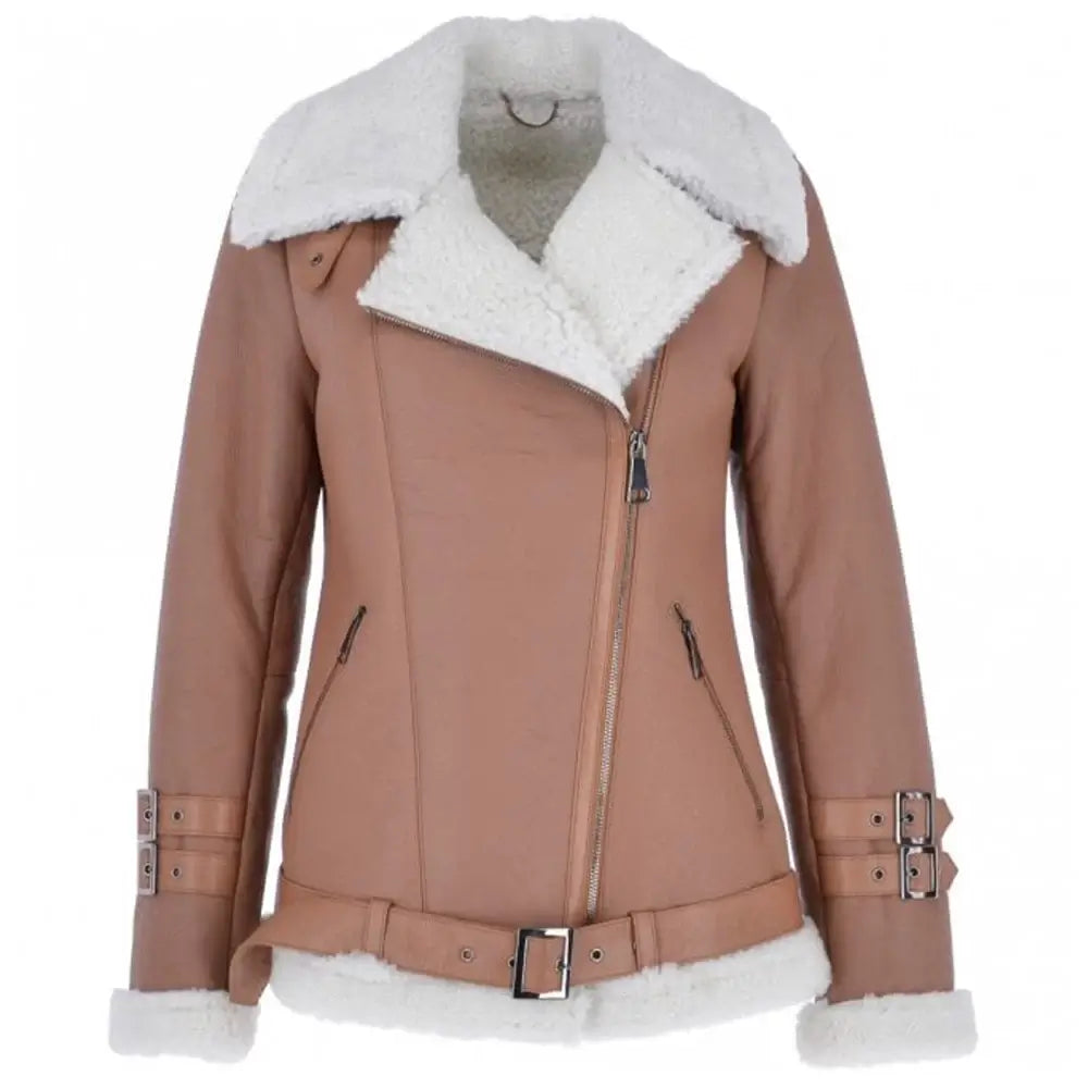 Women's Light Tan Side Zip Sheepskin Pilot Leather Jacket