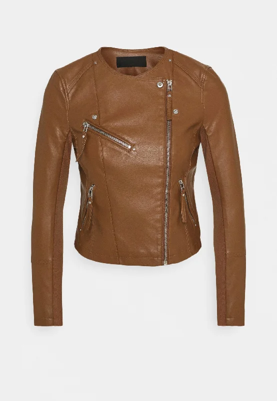 Women's Tan Brown Leather Biker Jacket