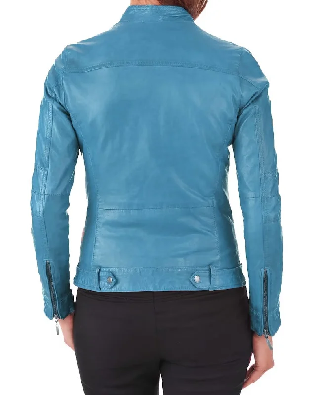 Women's Turquoise Blue Genuine Lambskin Leather Biker Jacket