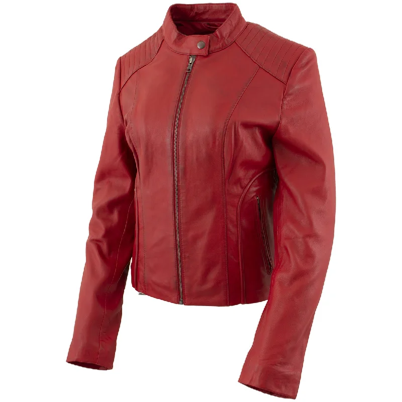 Xelement B91066 Women's ‘Keeper’ Red Leather Scuba Style Biker Jacket