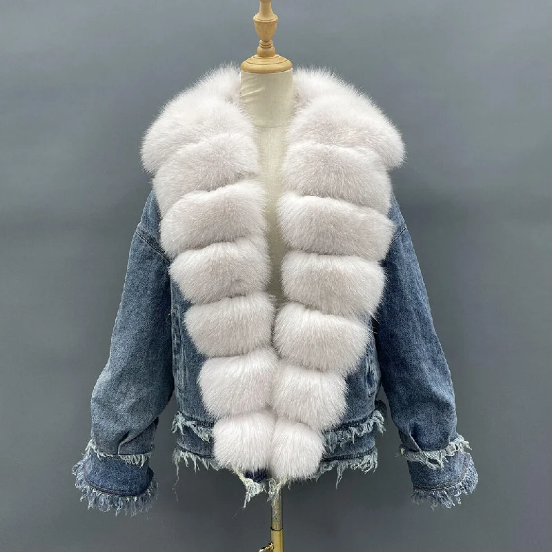 Duck Down Denim Real Fox Fur Collar Jackets