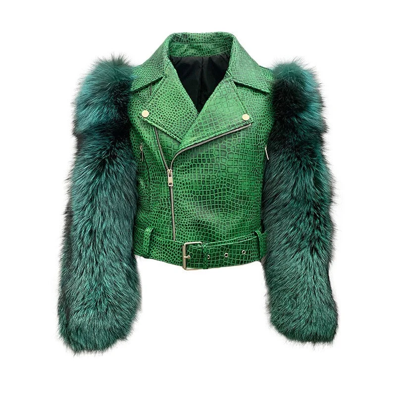 Genuine Leather Real Fox Fur Sleeves Moto Jackets