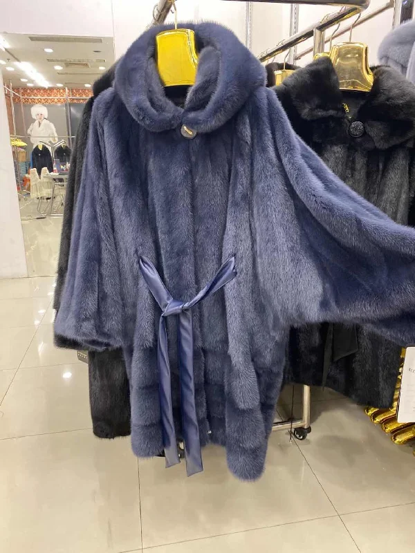 Navy Blue Mink Fur Bat Wing Poncho