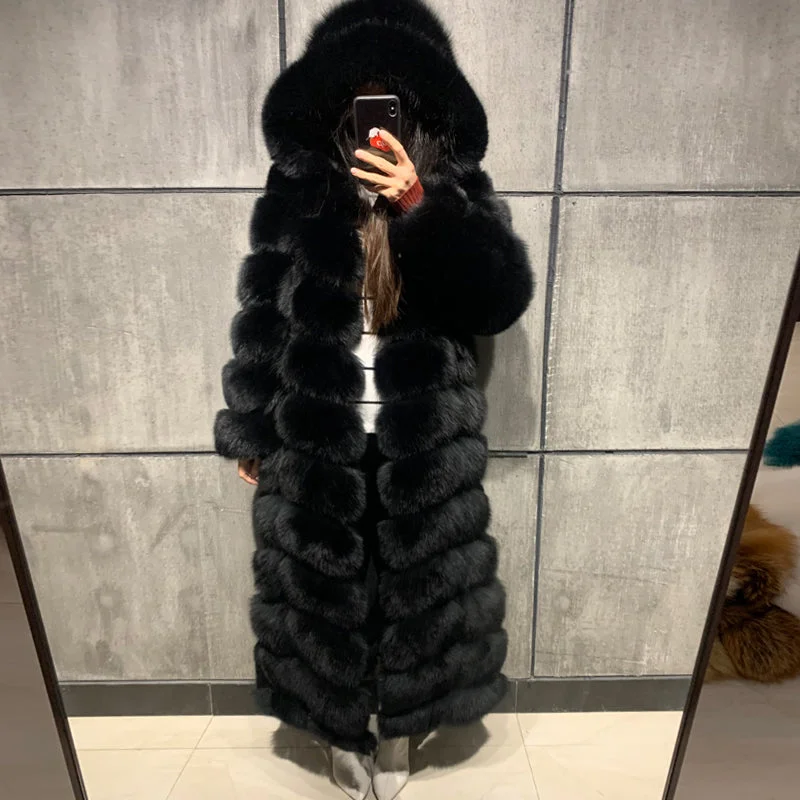 Pattern Fur Hooded X-long Coats