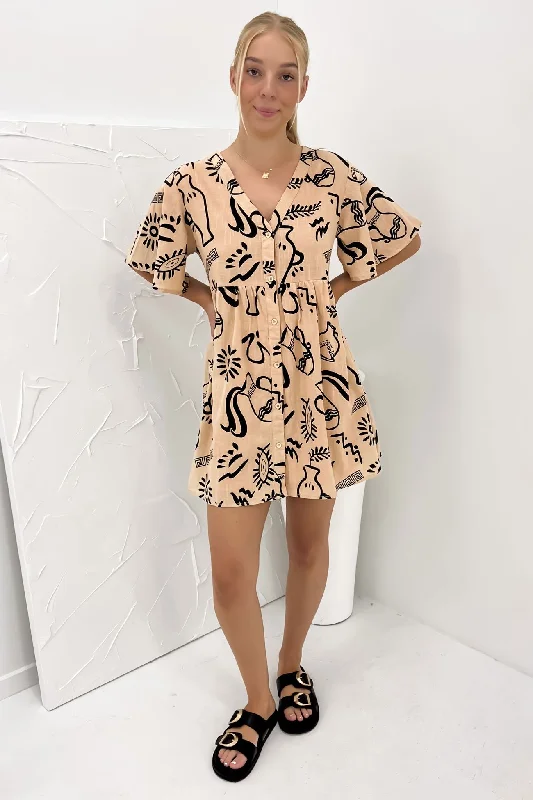 Emersyn Mini Dress Tan Black Aztec Vase