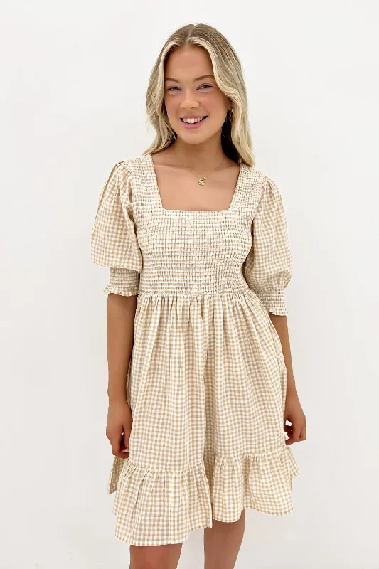 Florence Mini Dress Latte Gingham