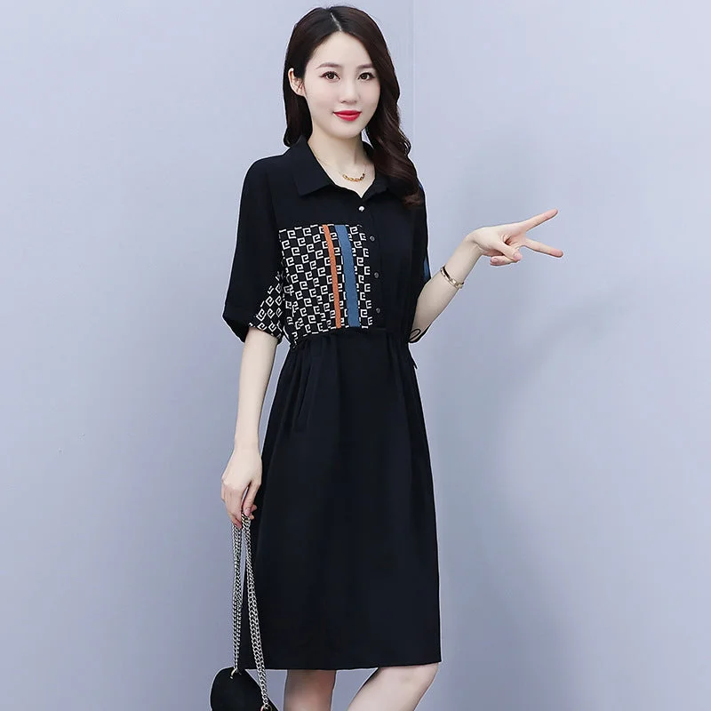 NiDELL Black Shirt Dress for Women Summer . New European Goods Plump Girls plus Size Loose Waist Tight Slimming Casual Wide Dress