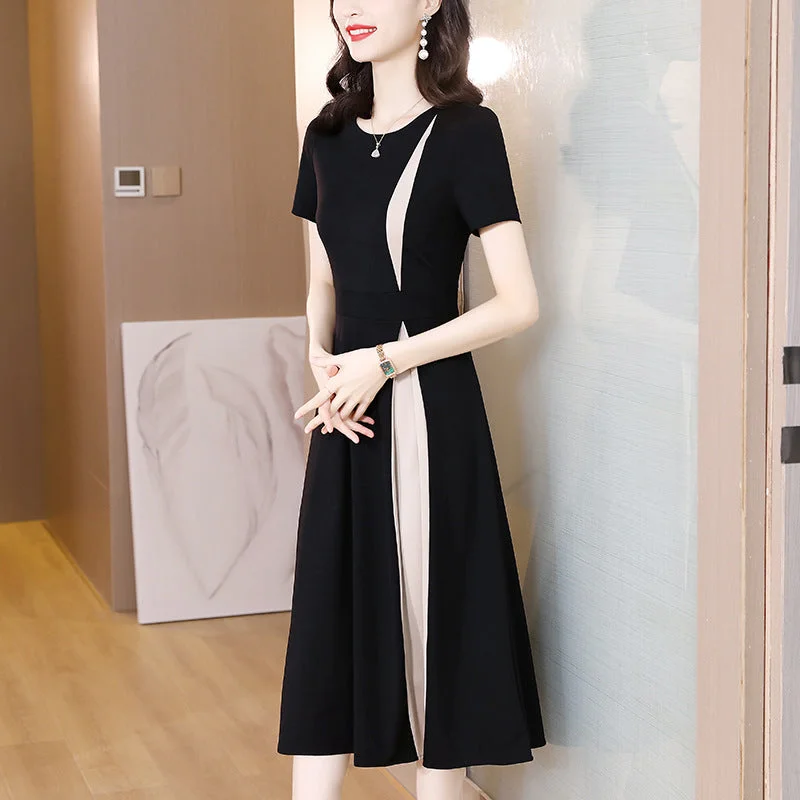 NiDELL Design Dress High-Grade Women's Summer . New Summer Long Short Sleeve Contrast Color Hepburn Style Little Black Dress