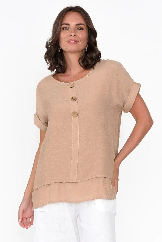 Abilene Beige Cotton Blend Button Top