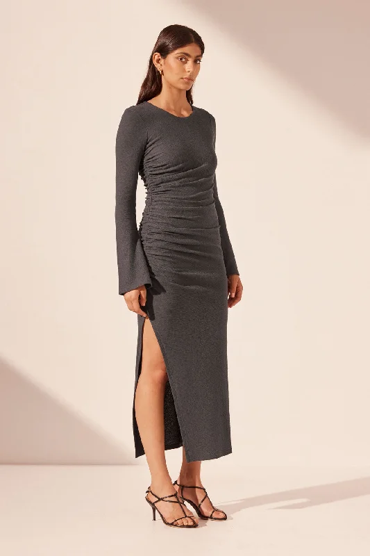 beau-gathered-long-sleeve-midi-dress-dark-ash