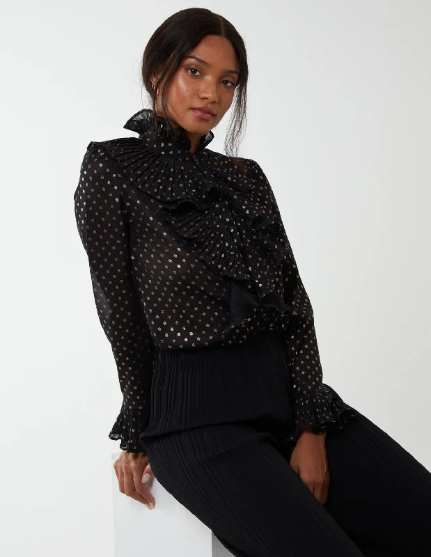 black-gold-dots-pleated-frill-shirt