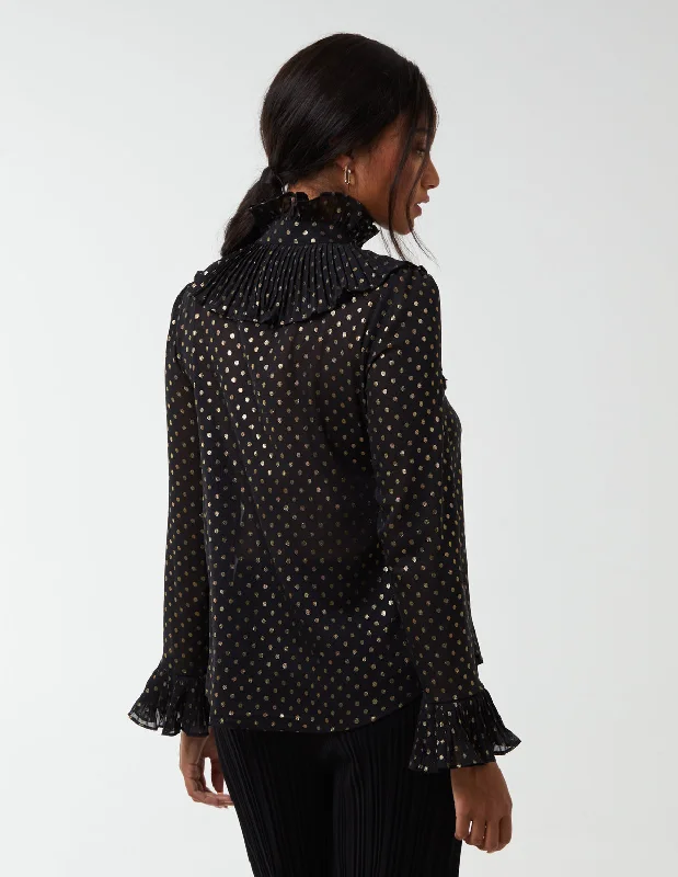 black-gold-dots-pleated-frill-shirt