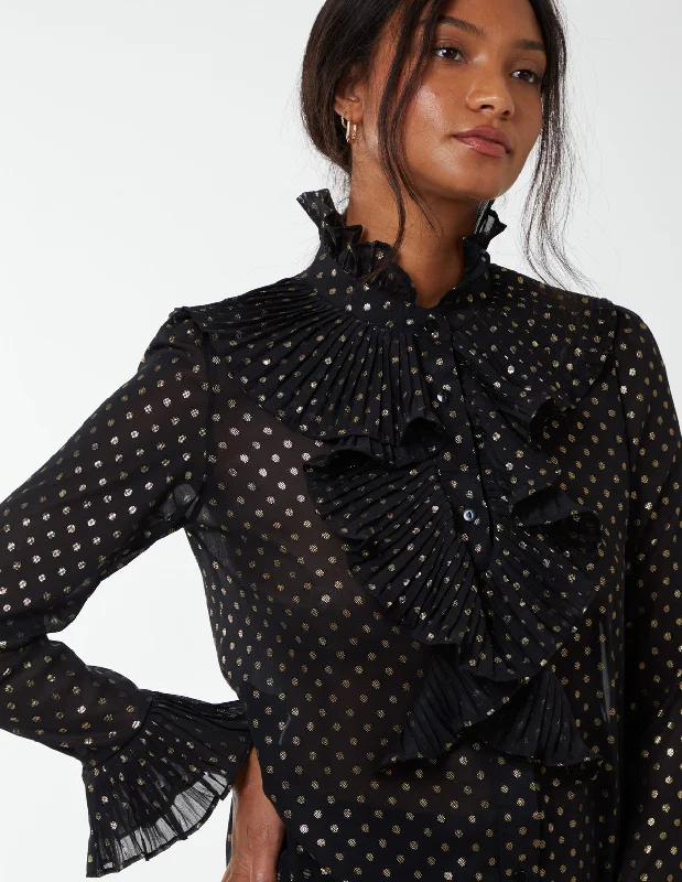 black-gold-dots-pleated-frill-shirt