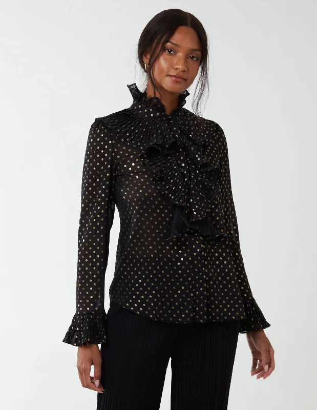 black-gold-dots-pleated-frill-shirt