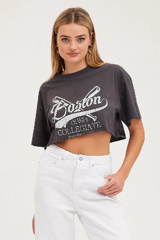 Black Graphic T Shirt Short Sleeve Crop Crew Neck