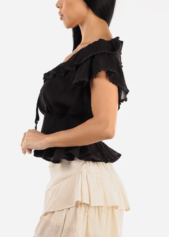 black-short-sleeve-ruffled-top-w-shirred-waist-t1714blk