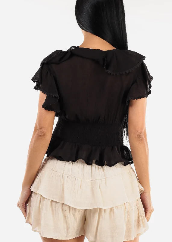 black-short-sleeve-ruffled-top-w-shirred-waist-t1714blk